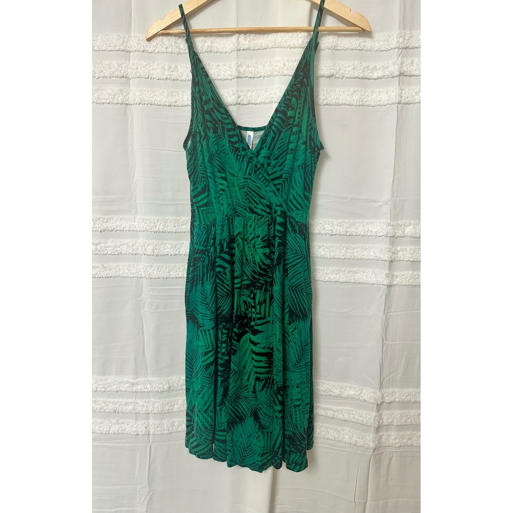 WEACZZY Womens Green Tropical Palm Leaf Empire Waist V-Neck Summer Mini Dress M - Picture 2 of 8
